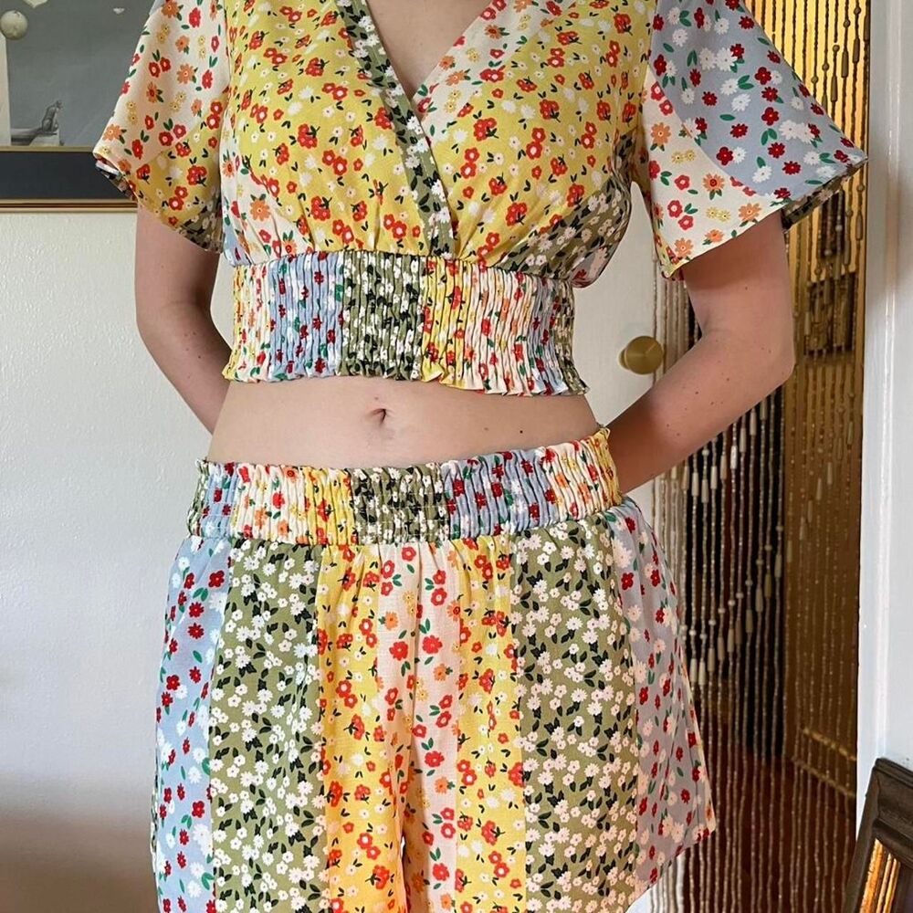 Blue Blush Mixed Floral Patchwork Two Piece Set Size S Playsuit Retro
